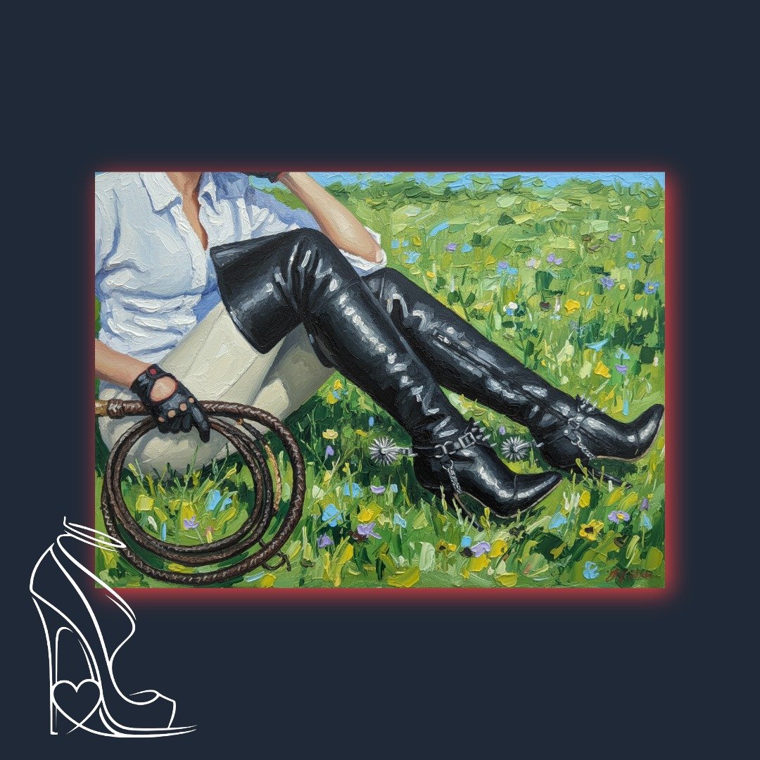 A striking digital impasto depiction of powerful leather boots and a whip amidst a vibrant wildflower meadow, capturing serene dominance.