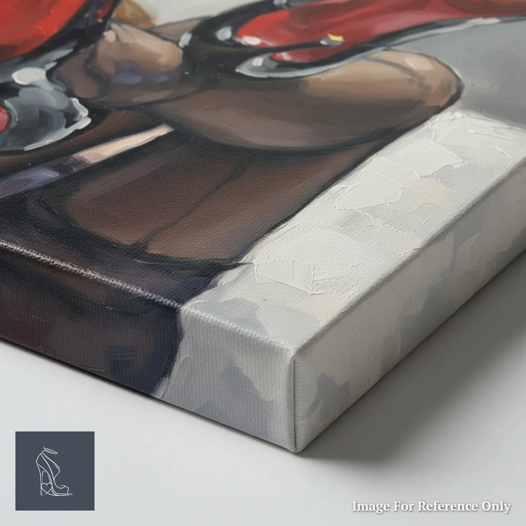 Close-up image of the canvas corner for 'Crimson Soles, Velvet Dreams', demonstrating the professional gallery wrap and quality craftsmanship of Mark Lee's fetish art.