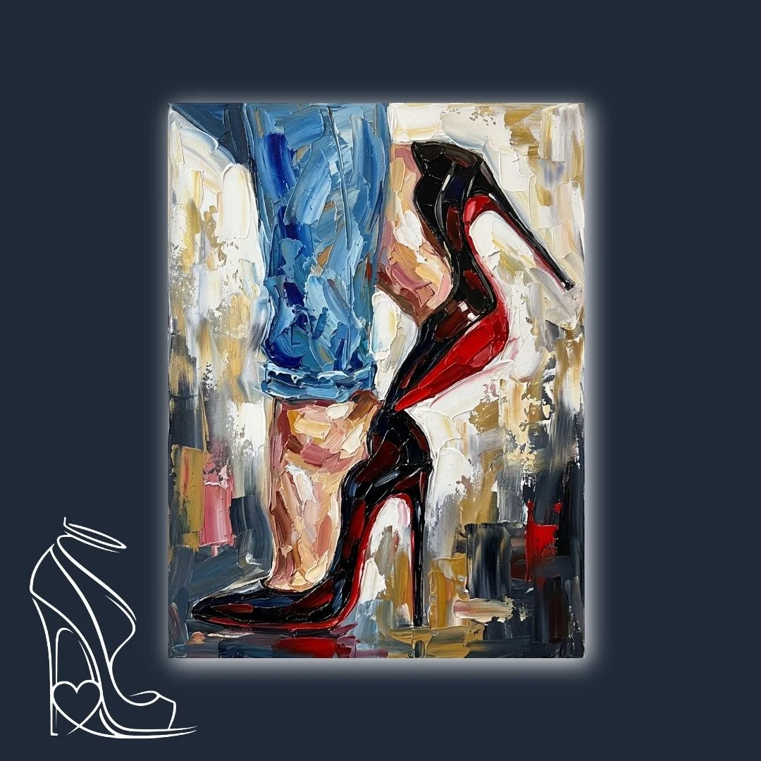A vibrant impasto oil painting by Mark Lee, showcasing the striking contrast of glossy patent leather stiletto high heels with iconic red soles against casual denim, exuding power and sensuality.
