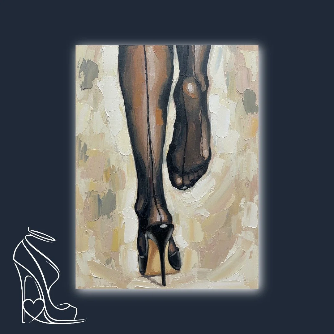 A mesmerizing impasto study of the classic seamed stocking and needle-thin stiletto, celebrating the delicate strength of the feminine foot.