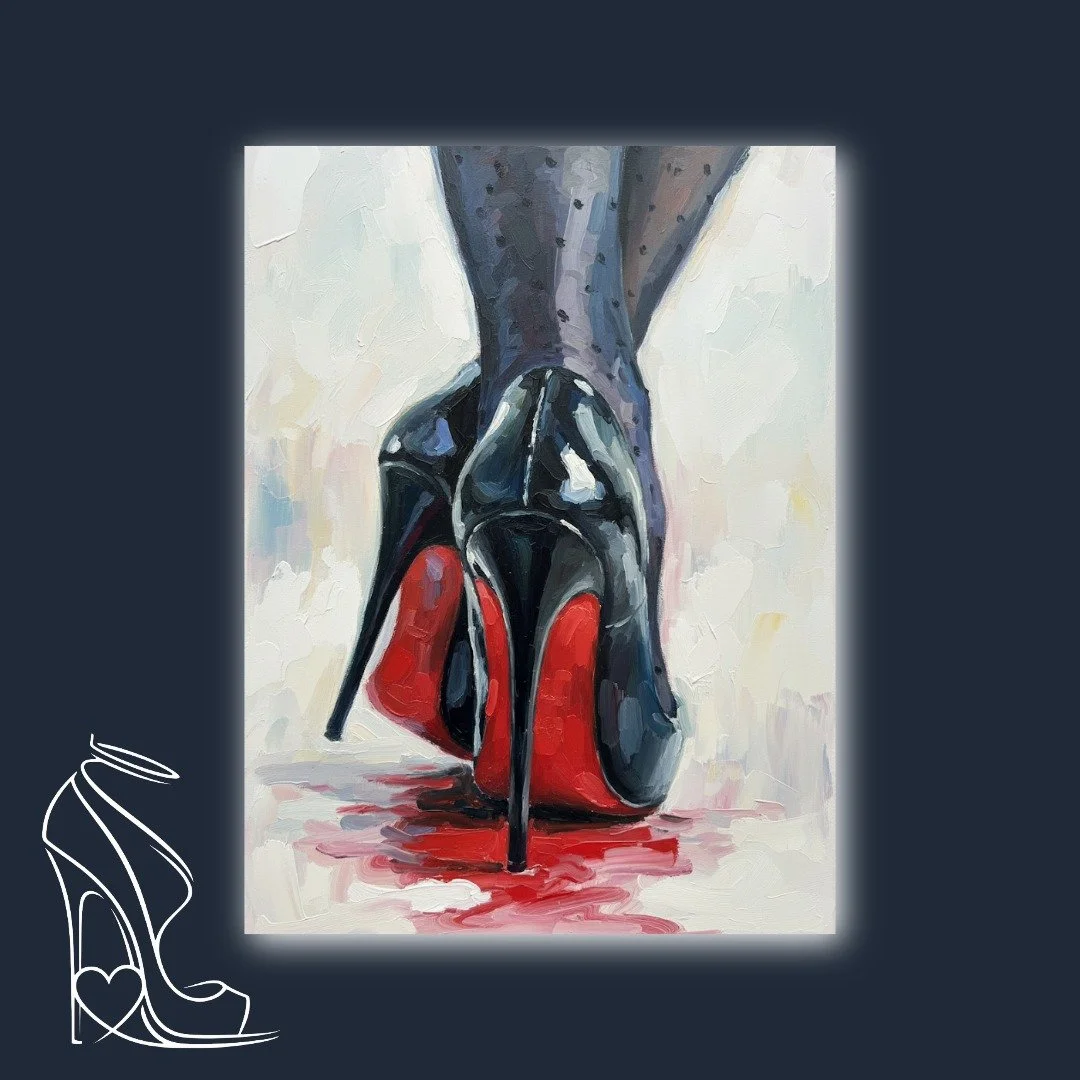 A captivating oil painting by Mark Lee featuring glossy patent leather stiletto heels with vibrant red soles and polka dot stockings, evoking passion and dominance.