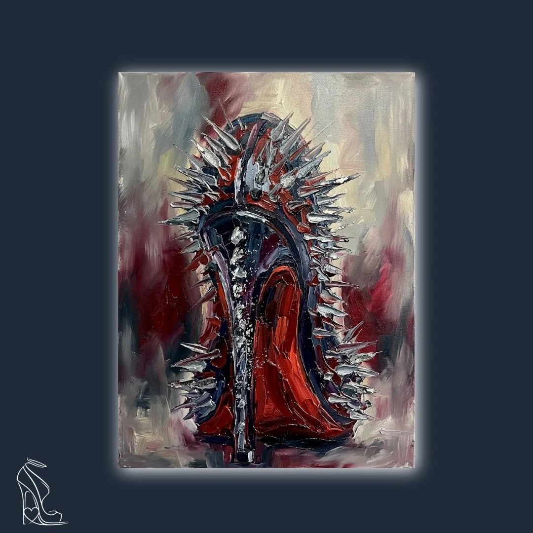 Heavy impasto digital painting of a spiked stiletto heel with silver studs and a thick, textured red sole.