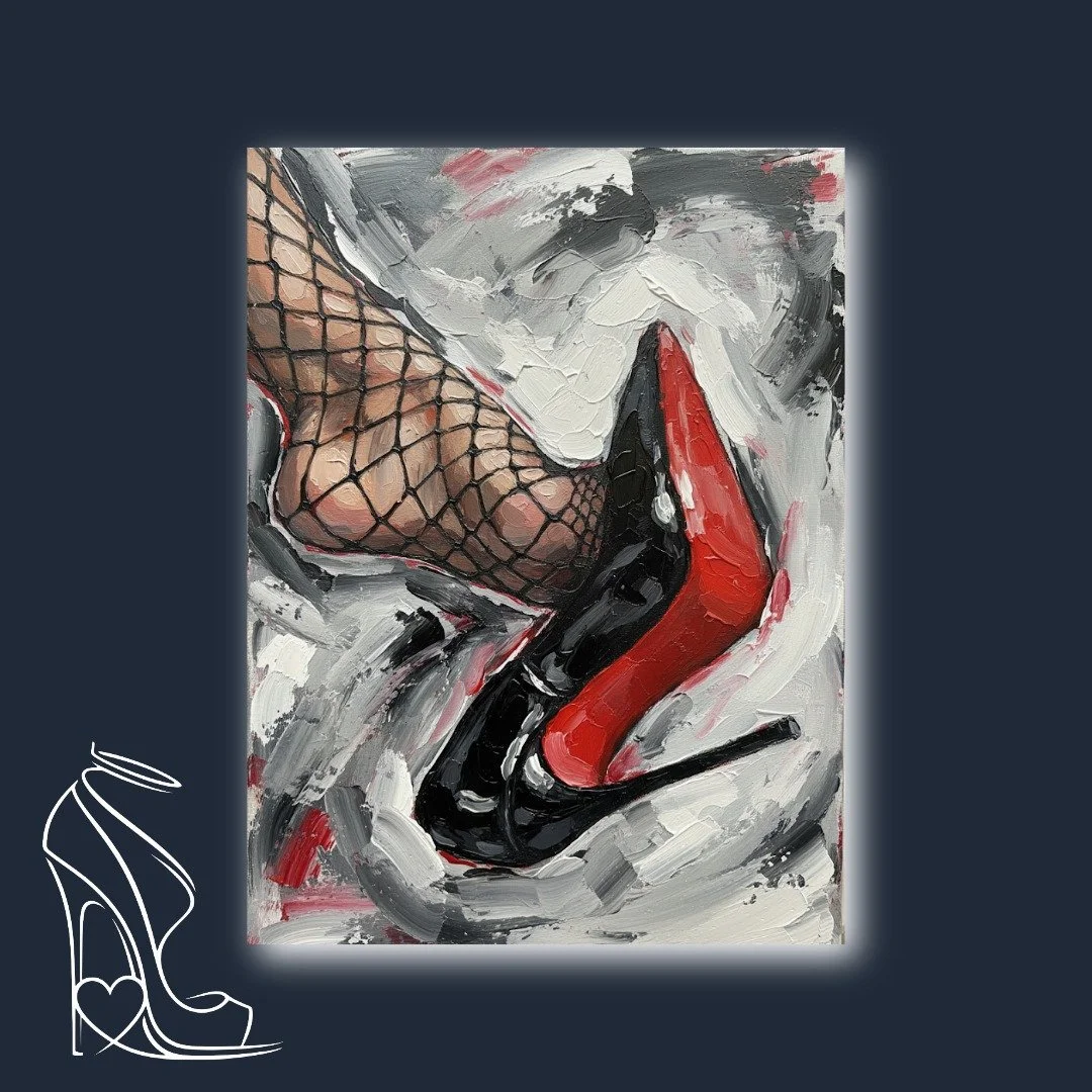 An intensely provocative oil painting by Mark Lee, showcasing the mesmerizing allure of a stiletto high heel, glossy patent leather, and fishnet stockings, rendered with dynamic impasto.
