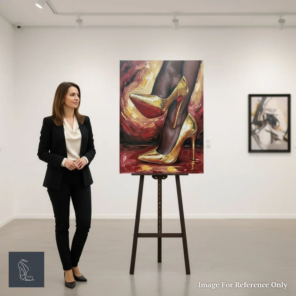 A person holding Mark Lee's 'Lulu's Gilded Ascent,' showcasing the vibrant golden stilettos and red soles, highlighting the artwork's scale and detail.