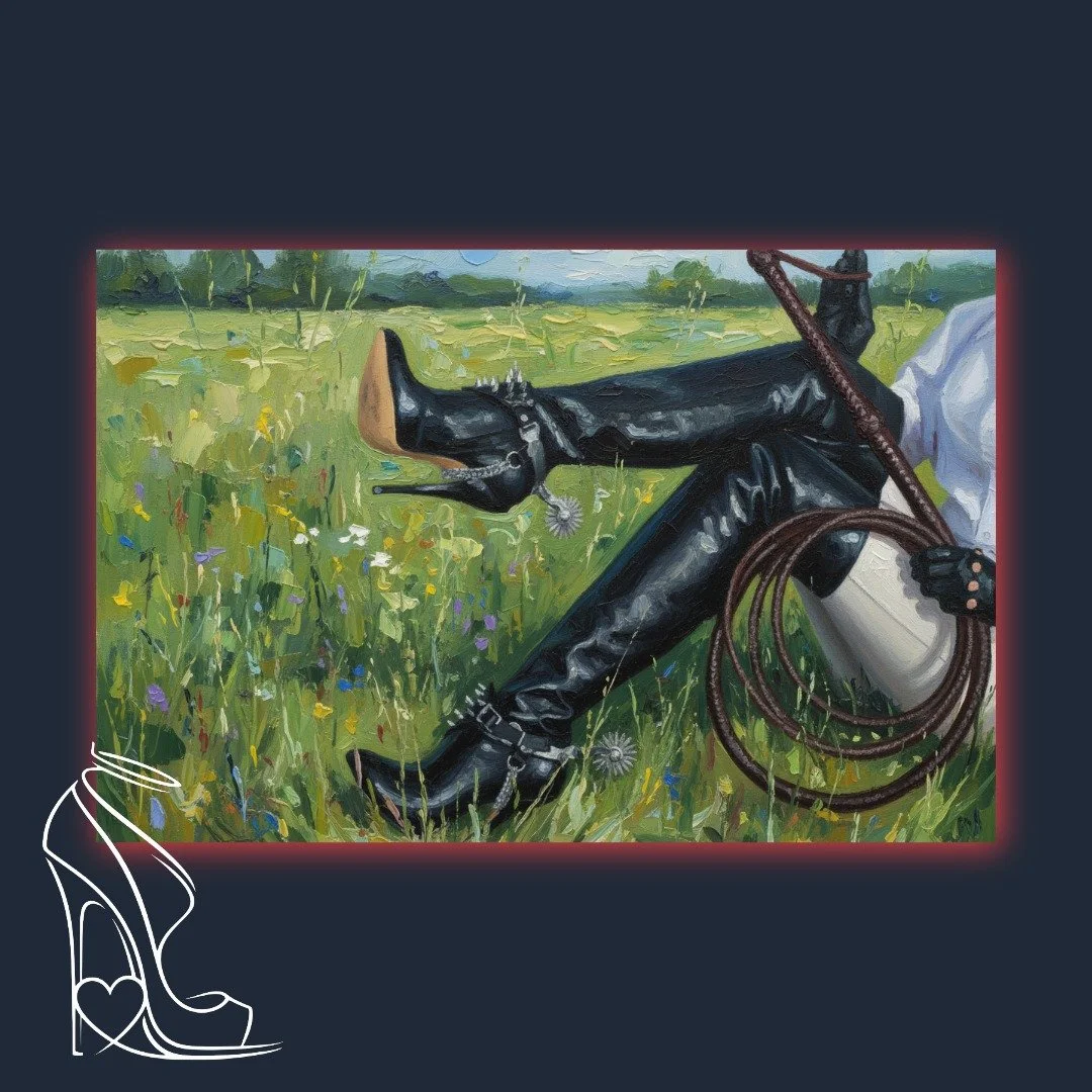 A captivating digital impasto artwork featuring dominant black thigh-high stiletto boots and a whip in a serene wildflower meadow, exploring power and erotic allure.