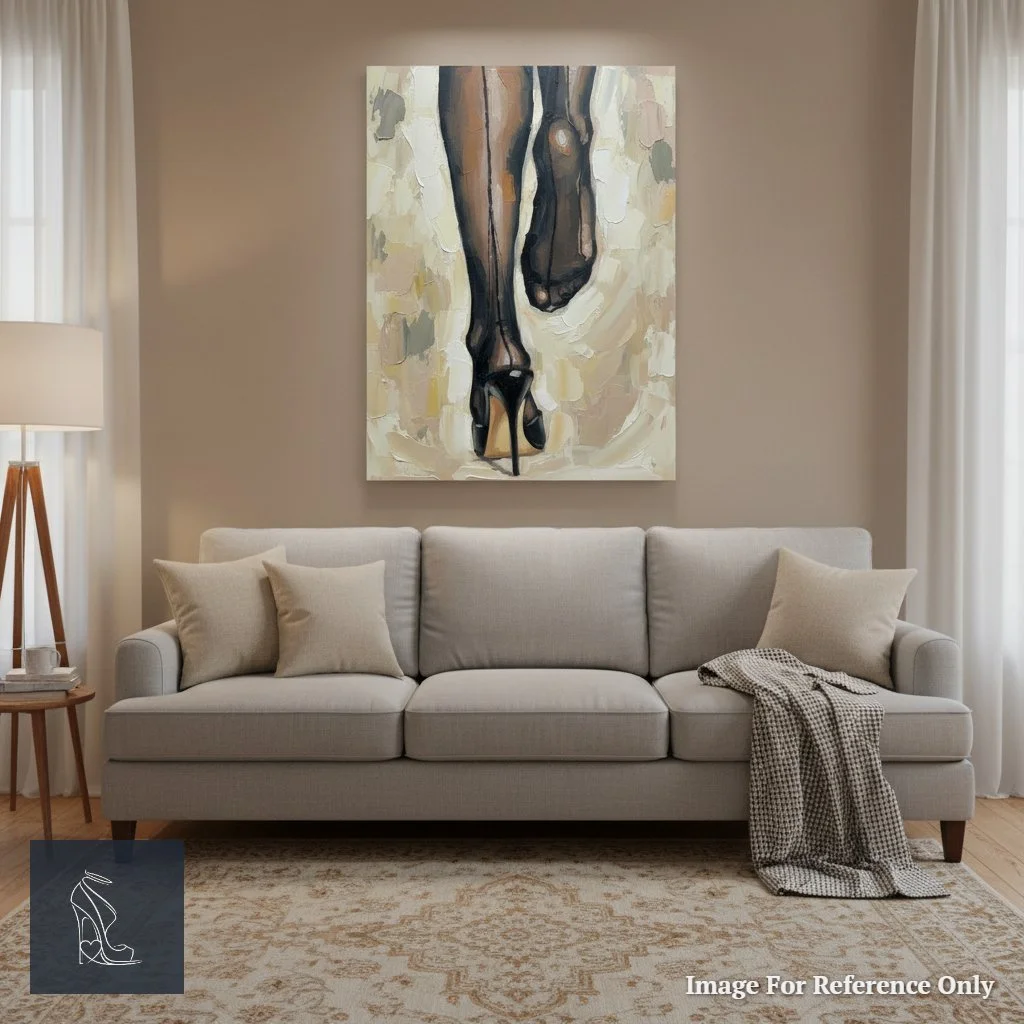Mark Lee's expressive oil painting of sheer hosiery and a black stiletto as a centerpiece in a sophisticated living room.