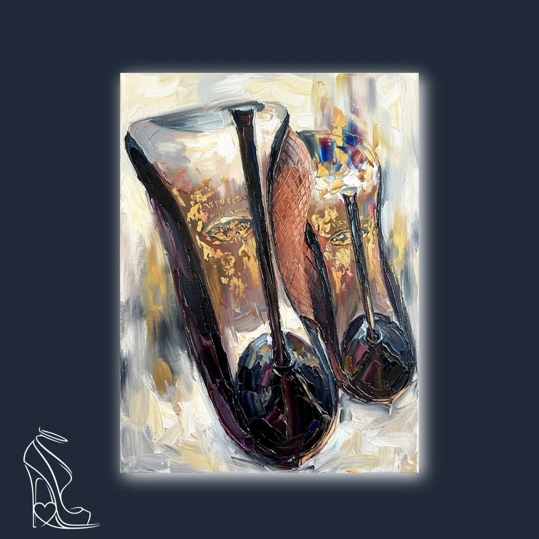Digital impasto painting of luxury high heel soles, detailed leather arch, and needle-thin stilettos.