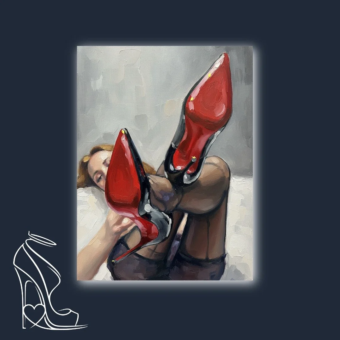 A captivating oil painting depicting the sensual embrace of a woman with iconic red-soled stiletto high heels and sheer stockings.