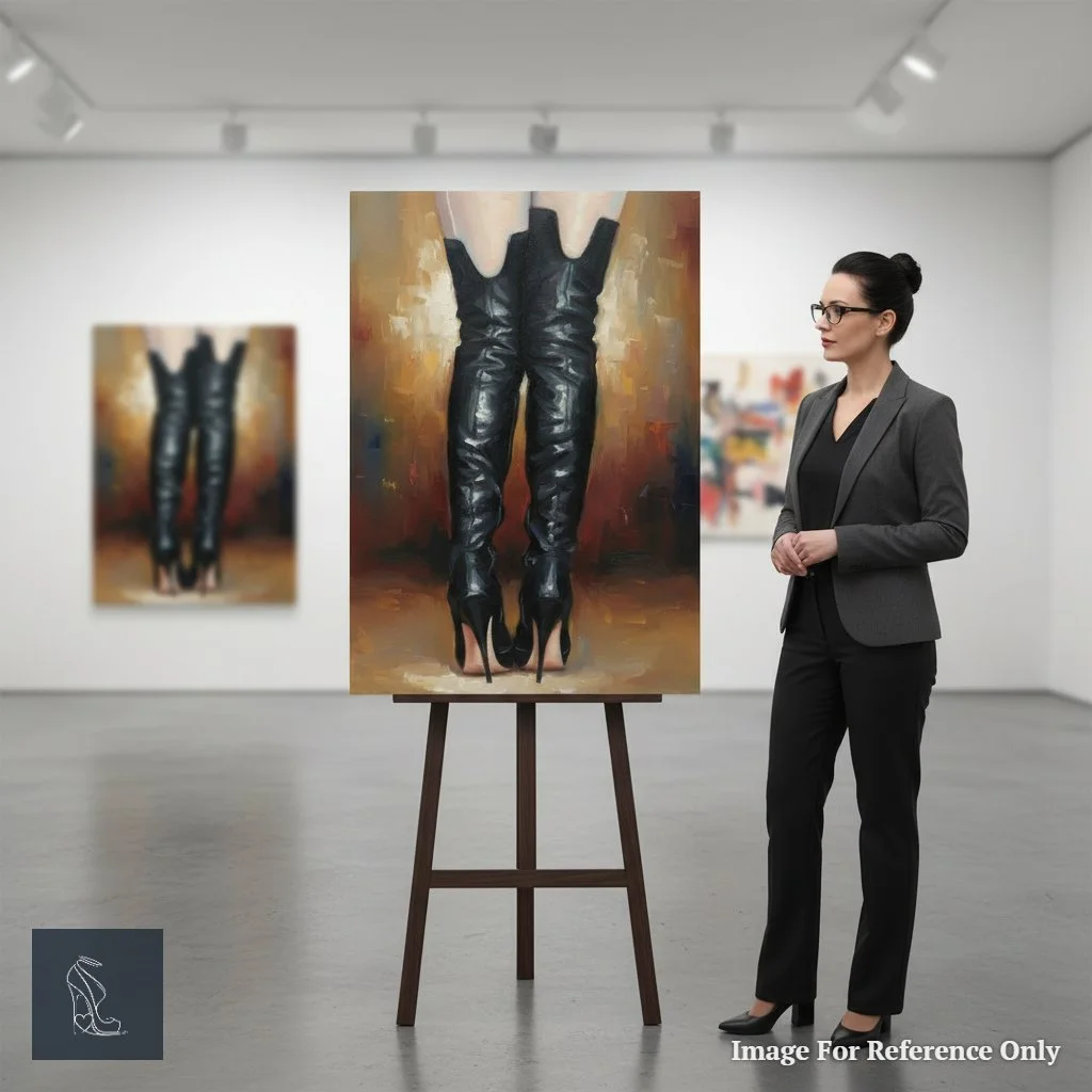 Artwork 'Ritual Boots' by Mark Lee shown at eye level, illustrating the striking presence of glossy stiletto boots as if worn by a person.