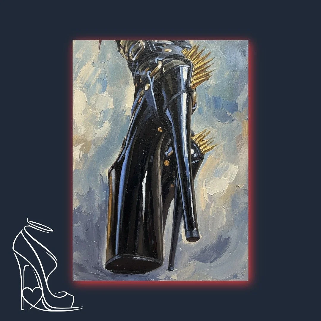 A striking digital impasto depiction of extreme black patent leather platform stilettos adorned with formidable golden spikes, embodying raw power and fetish allure.