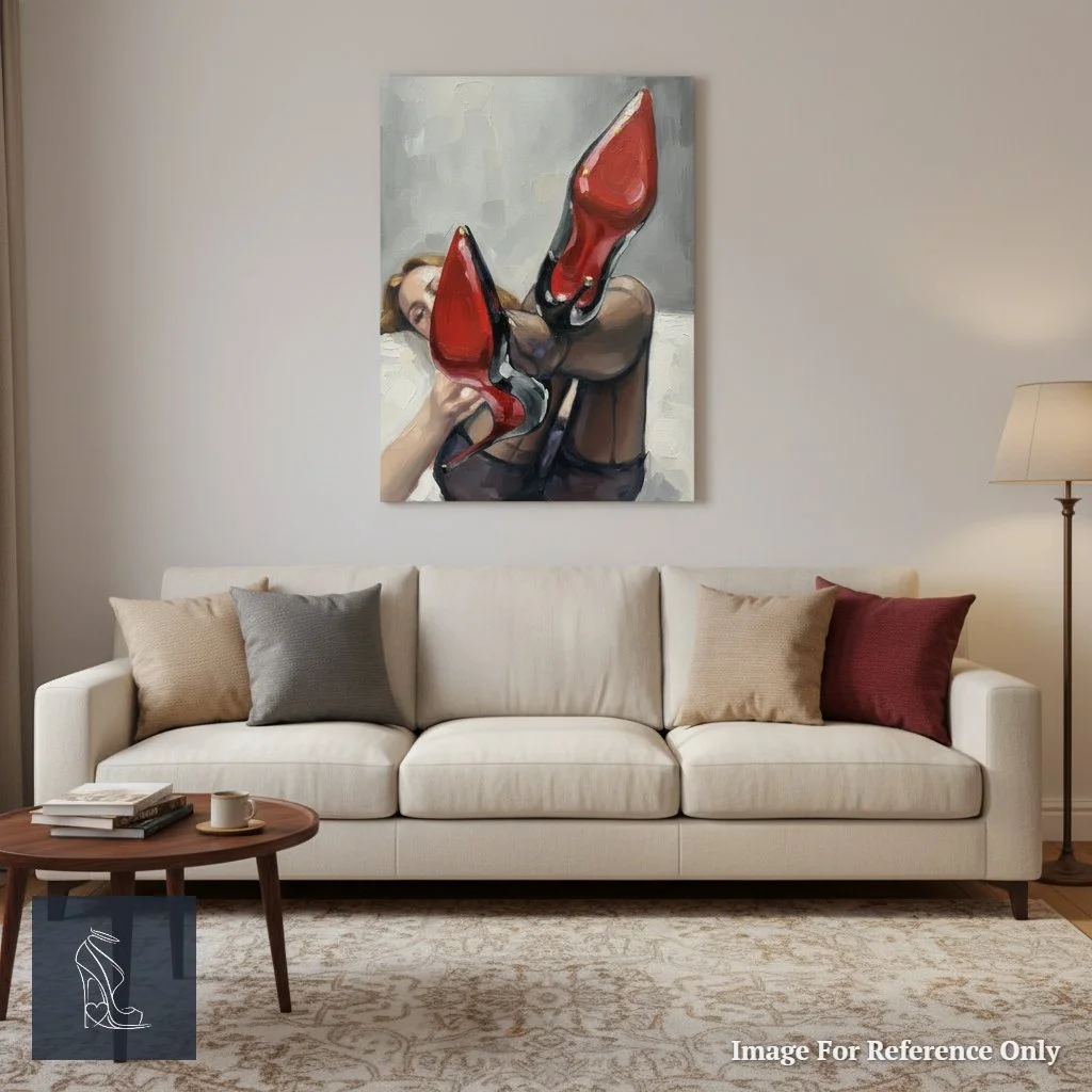 Sophisticated living room showcasing a captivating oil painting of red-soled stilettos, adding a touch of sensual luxury and modern art to the decor.