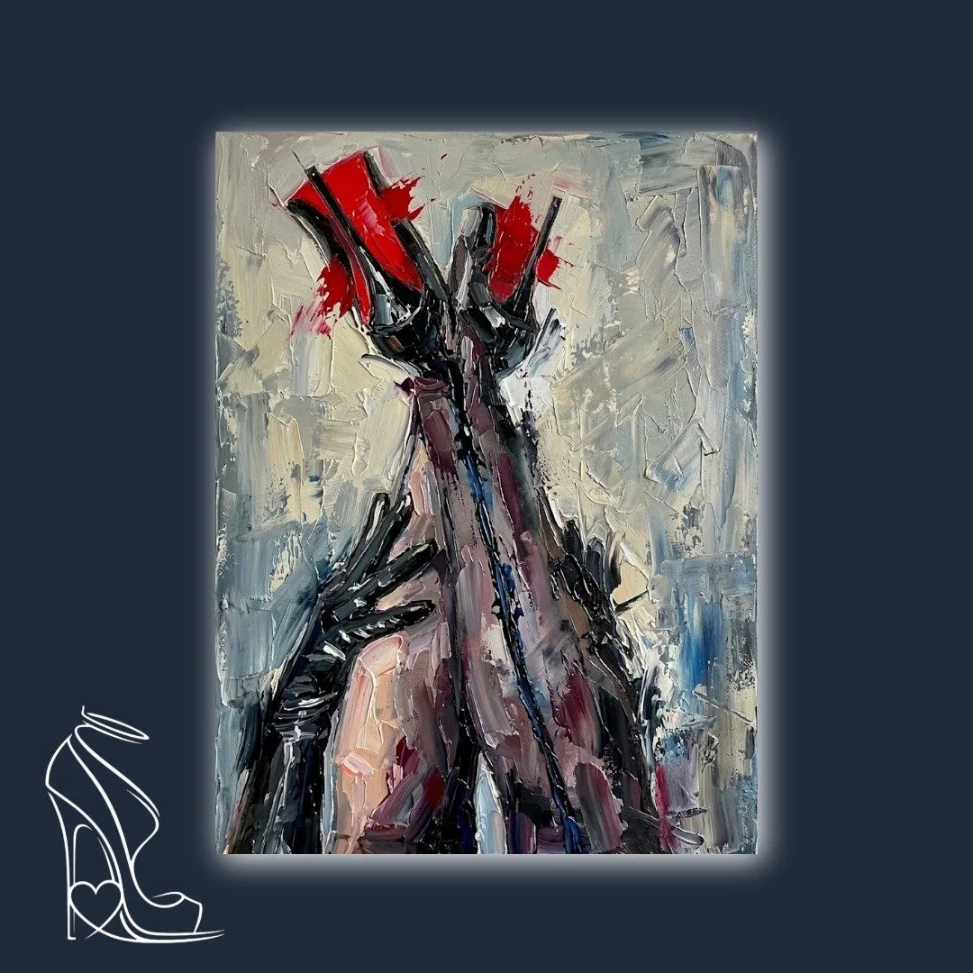 Thick impasto digital painting of black stilettos with red soles, heavy textured paint strokes on canvas.