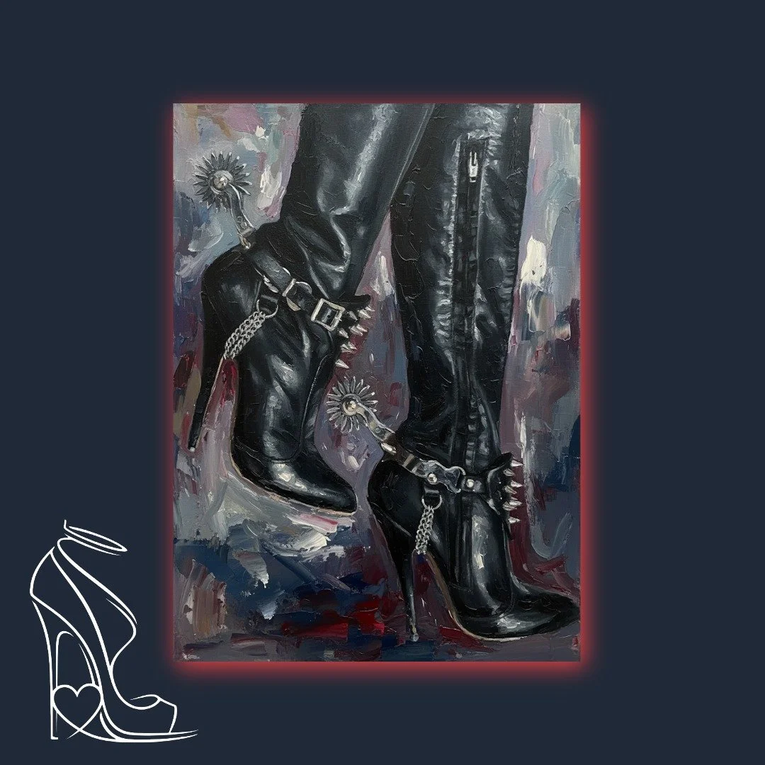 A digital impasto masterpiece featuring imposing black leather stiletto boots adorned with silver spurs, chains, and buckles, exuding dark luxury and unyielding dominance.