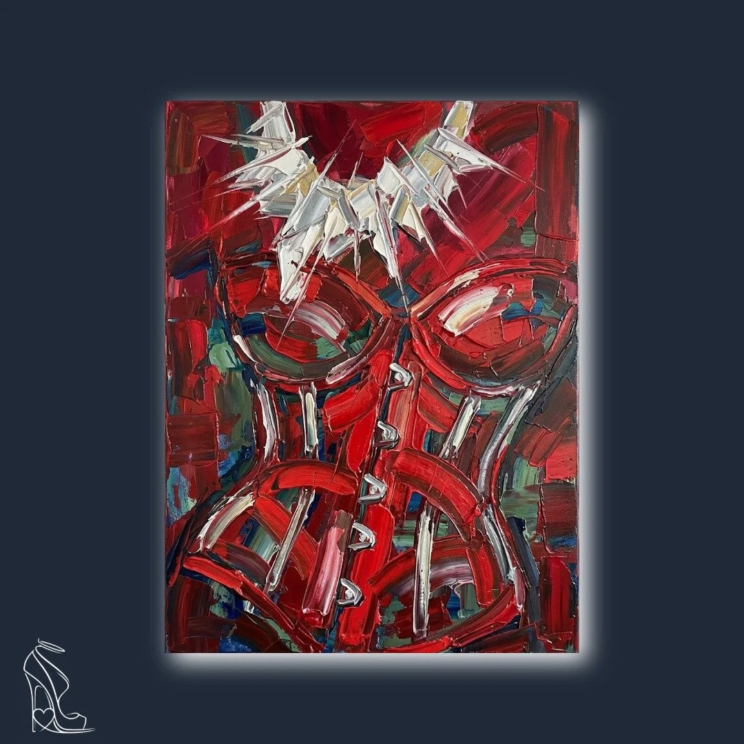 Thick red and white digital impasto painting of a corset with sharp thorn-like textures, luxury fetish aesthetic.
