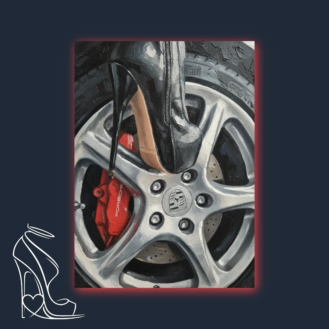 A commanding black stiletto heel asserts its dominance over the iconic Porsche wheel, a luxurious fusion of power and fetish in stunning digital impasto.