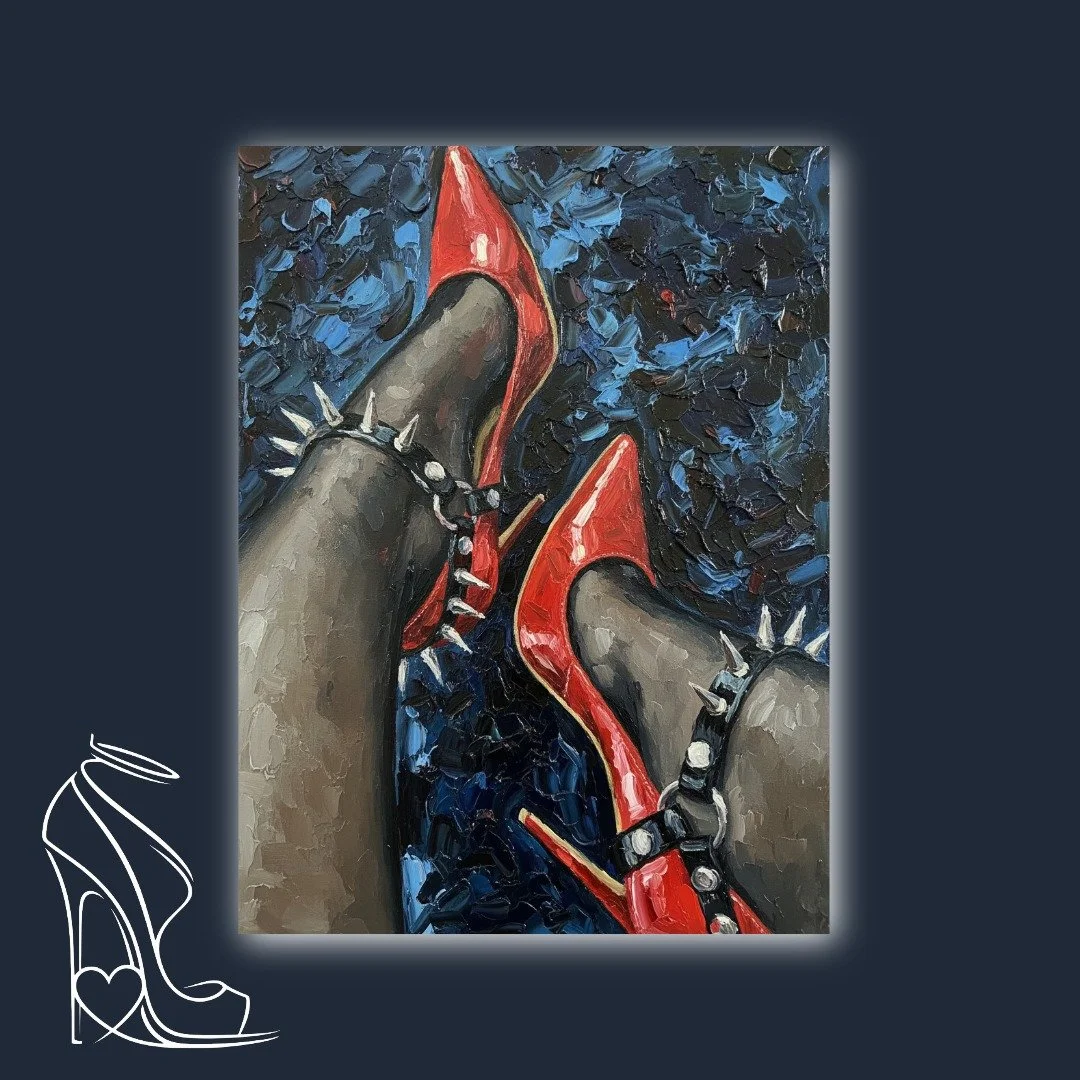 A captivating oil painting by Mark Lee, showcasing bold red patent leather stilettos and spiked cuffs against a dark, textured background, exuding raw power and fetish allure.