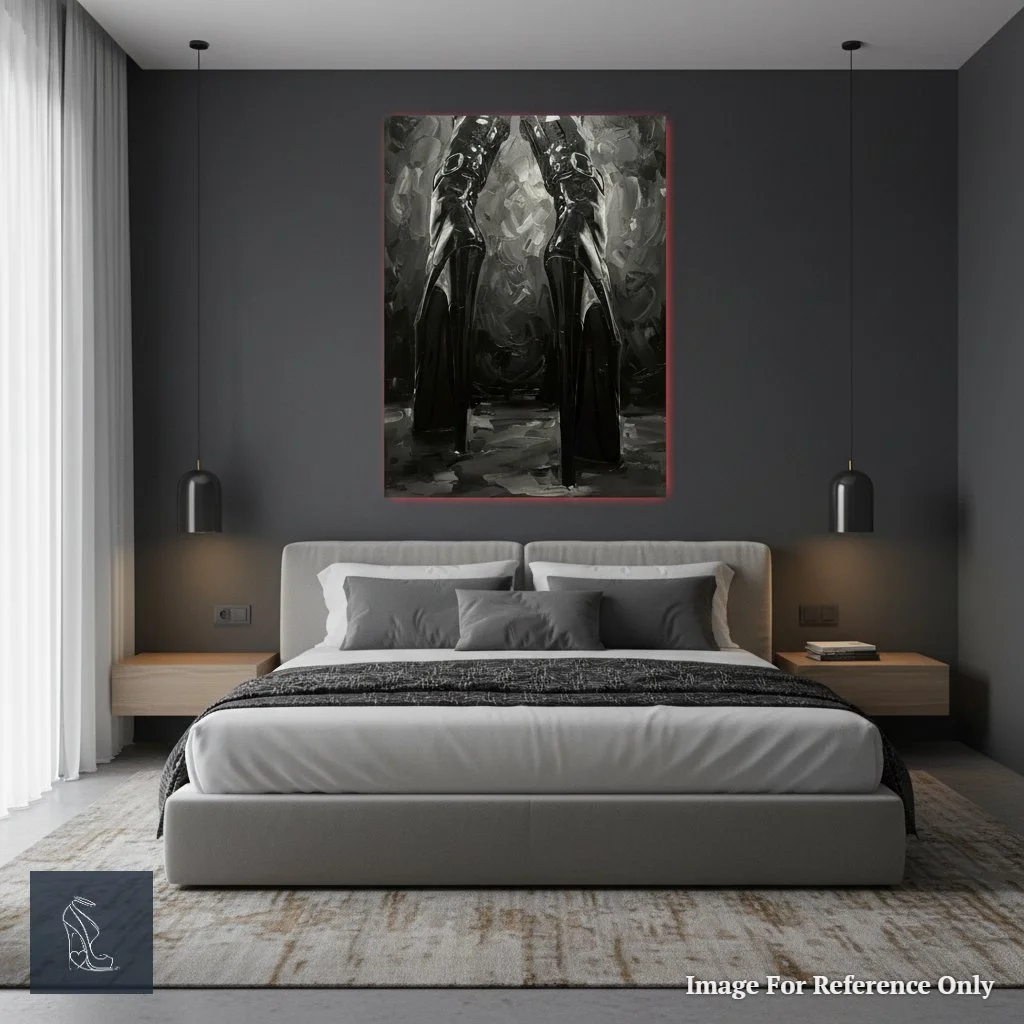 Stiletto high heel fetish art print, 'Vertiginous Dominion,' displayed on a dark bedroom wall, accentuating a luxurious, intimate space.
