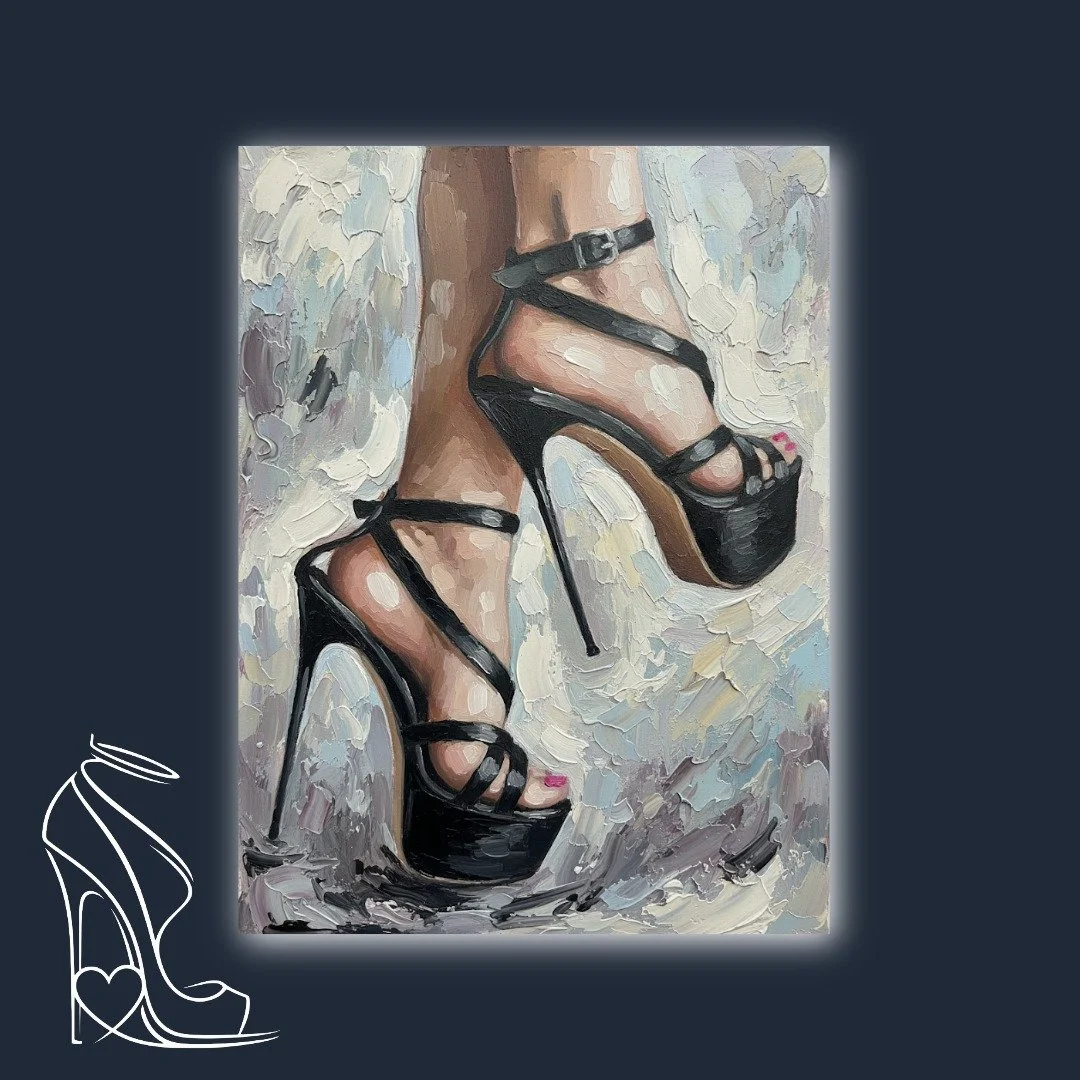 An original oil painting capturing the seductive power of black platform stiletto high heels with ankle straps, rendered in a bold impasto style.