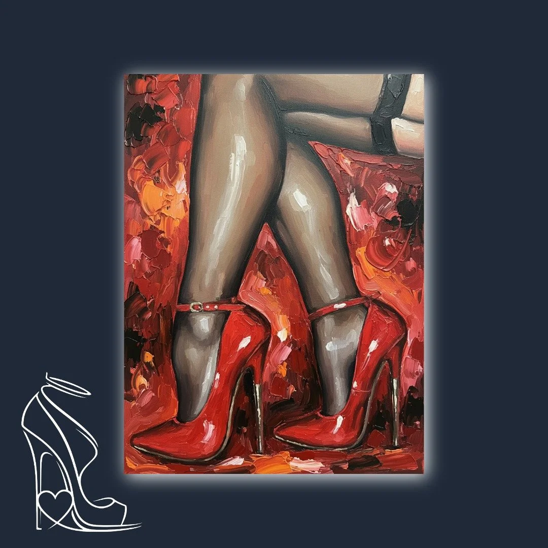 A captivating oil painting celebrating the power and allure of stiletto high heels, rendered with vibrant impasto textures and striking crimson hues.