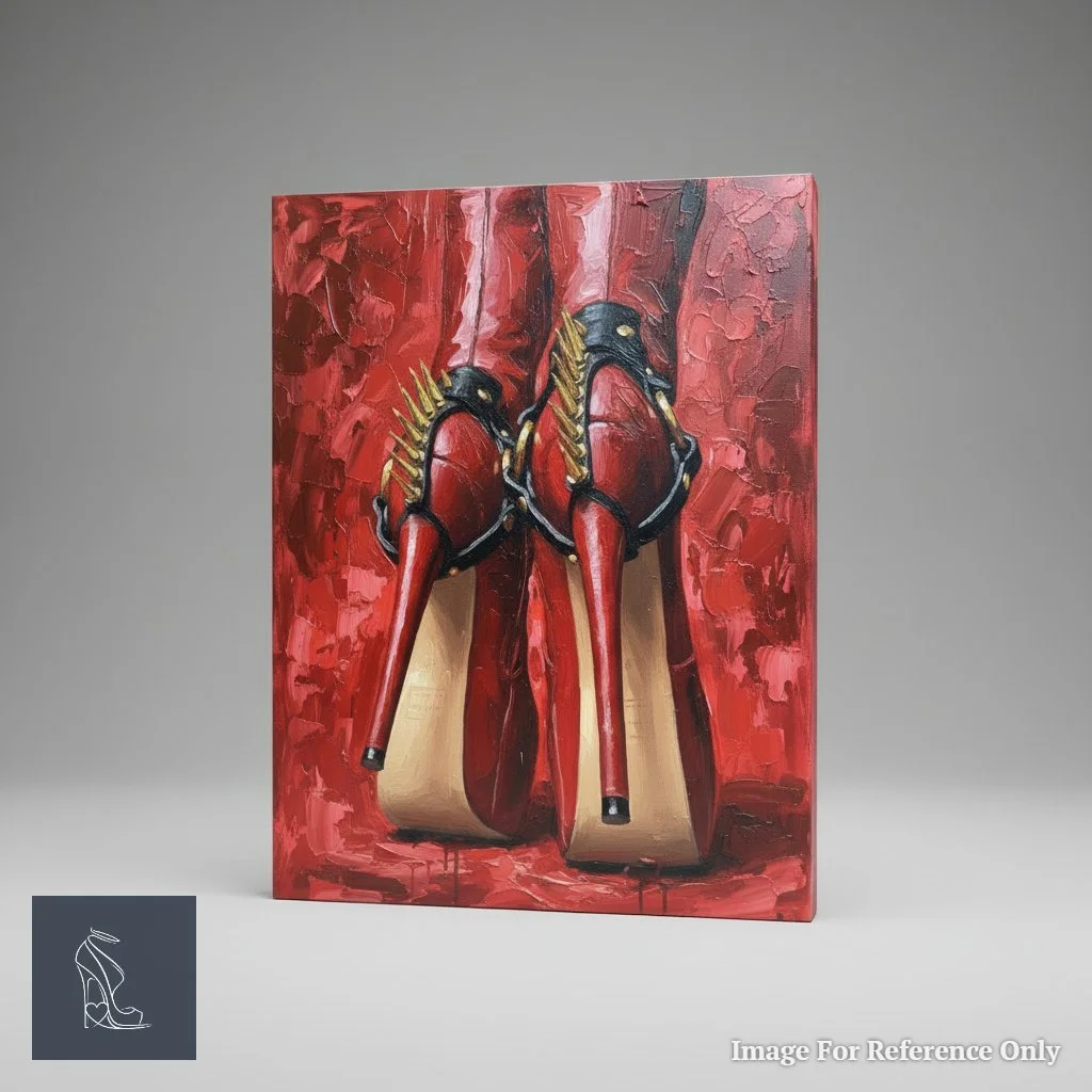 3D rendering of 'Crimson Dominion' oil painting, depicting red platform stilettos with black straps and gold spikes against a textured red background, viewed from an engaging angle.