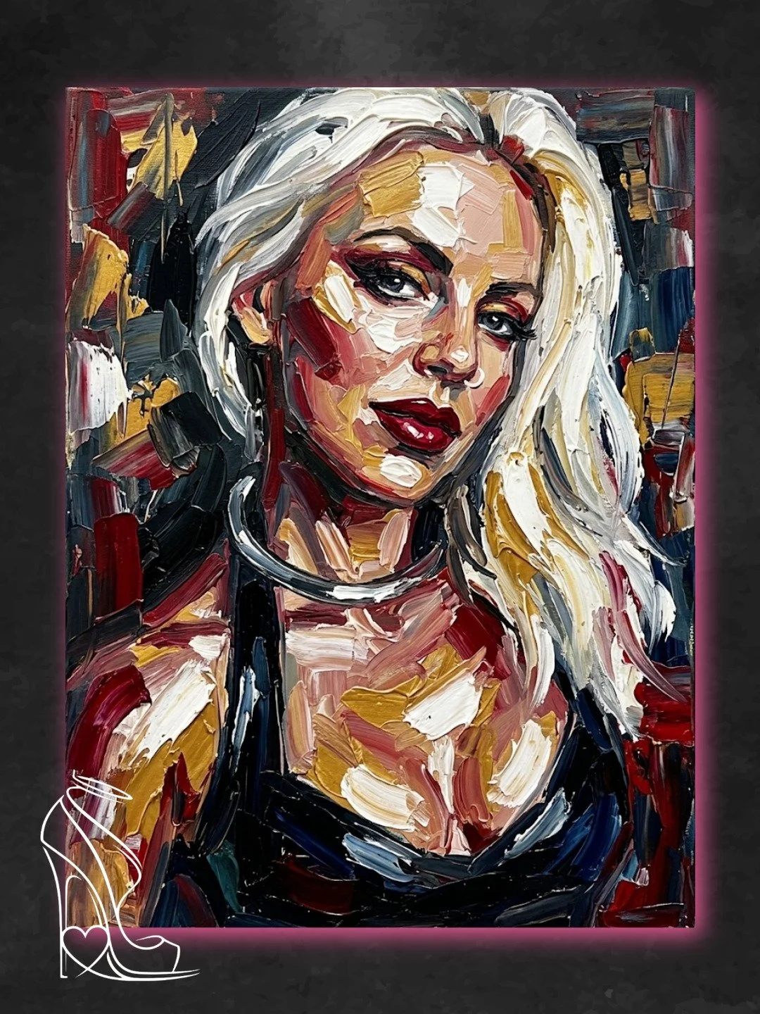 Taylor Blue impasto portrait in black latex bodice with metallic collar and commanding gaze.