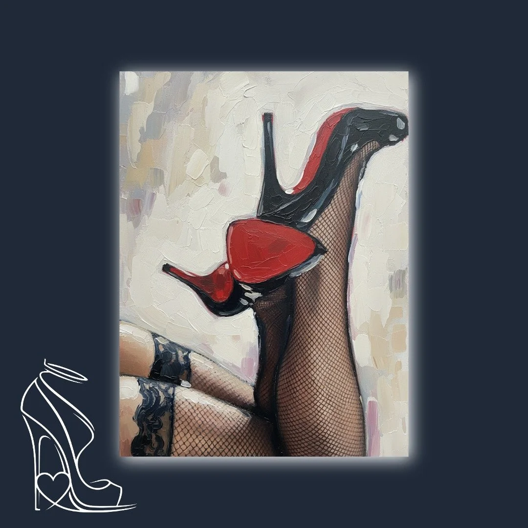 An oil painting capturing the seductive power of red-soled stiletto high heels and fishnet stockings with lacy garter tops, rendered with bold impasto strokes.