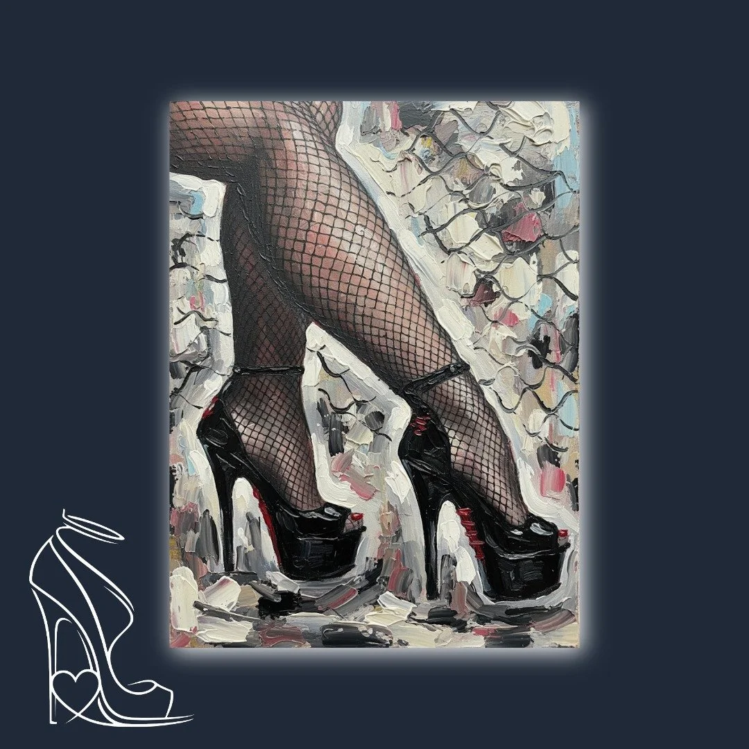 An impasto oil painting celebrating the powerful allure of stiletto high heels and fishnet stockings, featuring iconic red soles.