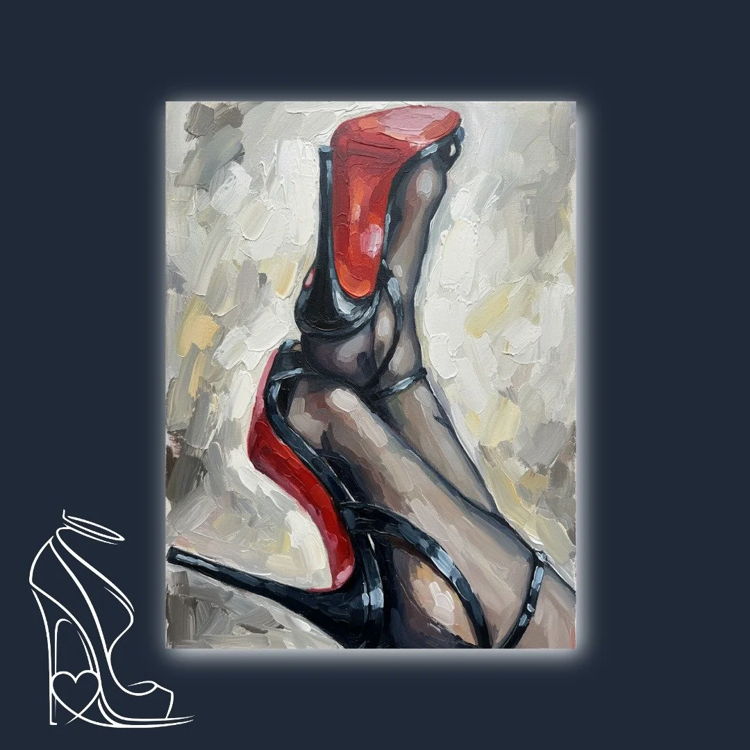 A captivating oil painting by Mark Lee, featuring crossed legs in black stockings and iconic red-soled stiletto high heels, rendered with rich impasto textures.