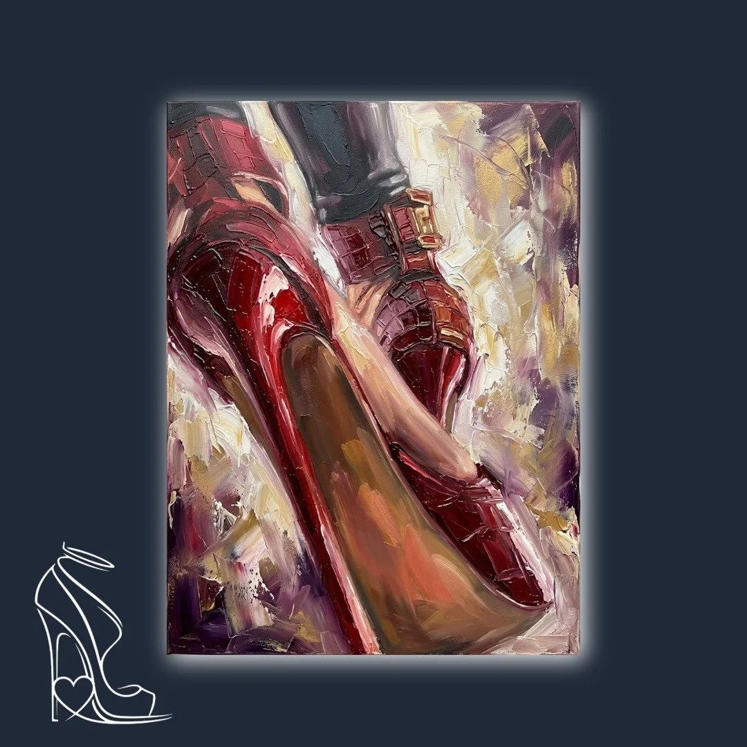 Digital impasto painting of a crimson crocodile stiletto with thick, textured red and gold paint strokes in a fetish style.