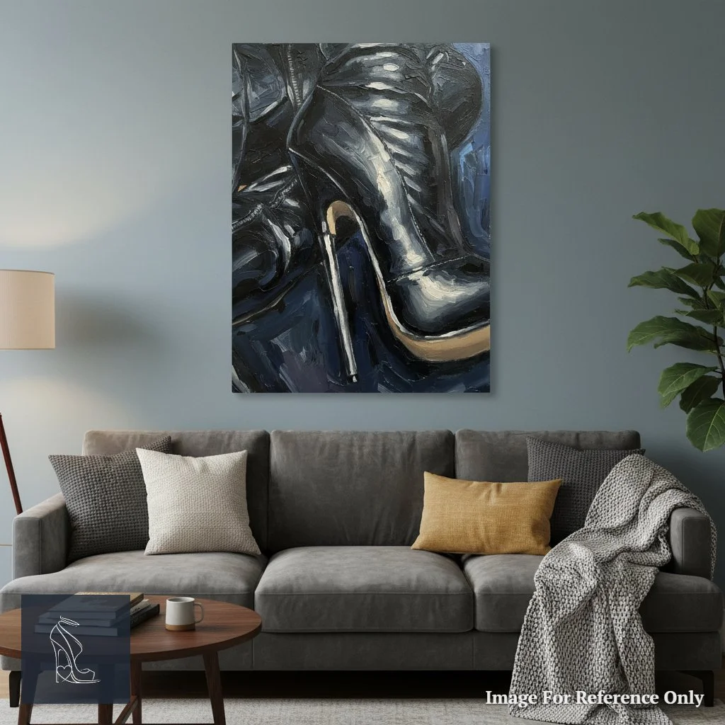 Luxury living room displaying Mark Lee's 'Sleek Supremacy' fetish art, highlighting the black leather thigh boots and stiletto heel, complementing sophisticated design.