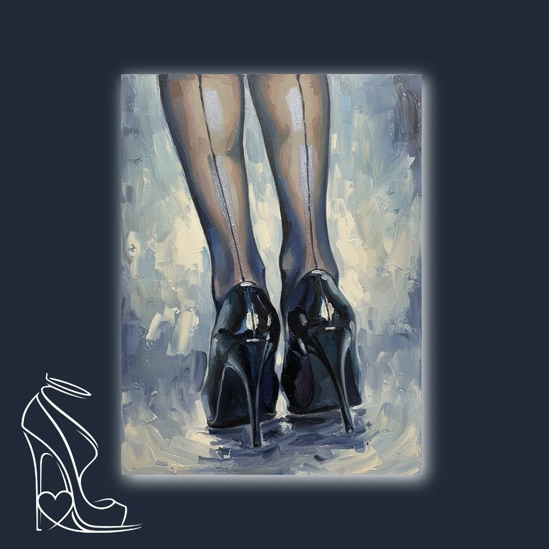 An exquisite original oil painting by Mark Lee, capturing the sensual power and alluring mystique of stiletto high heels and seamed stockings with rich impasto texture.