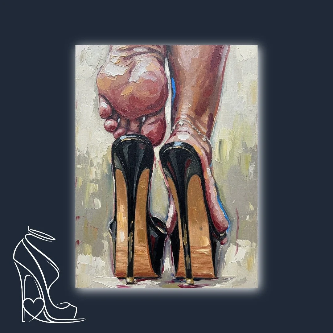 An intimate, impasto oil painting capturing the seductive power of feet exquisitely posed in glossy black stiletto heels, emphasizing the arched form and raw beauty.