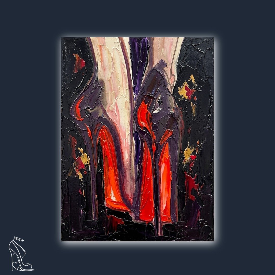 Heavy digital impasto painting of stiletto heels with thick red and purple paint strokes and sharp arch curves.