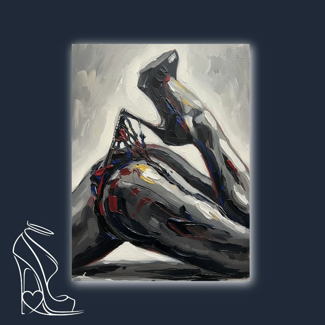 An intense, impasto oil painting capturing the seductive power of stiletto high heels and the elegant curve of a foot, rendered in dramatic texture.