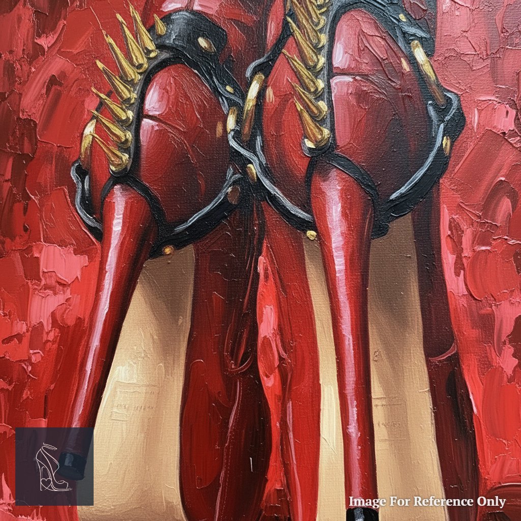 Extreme close-up of the aggressive spiked stilettos in 'Crimson Dominion', highlighting the gleaming gold hardware, lustrous red leather, and intricate black buckles.