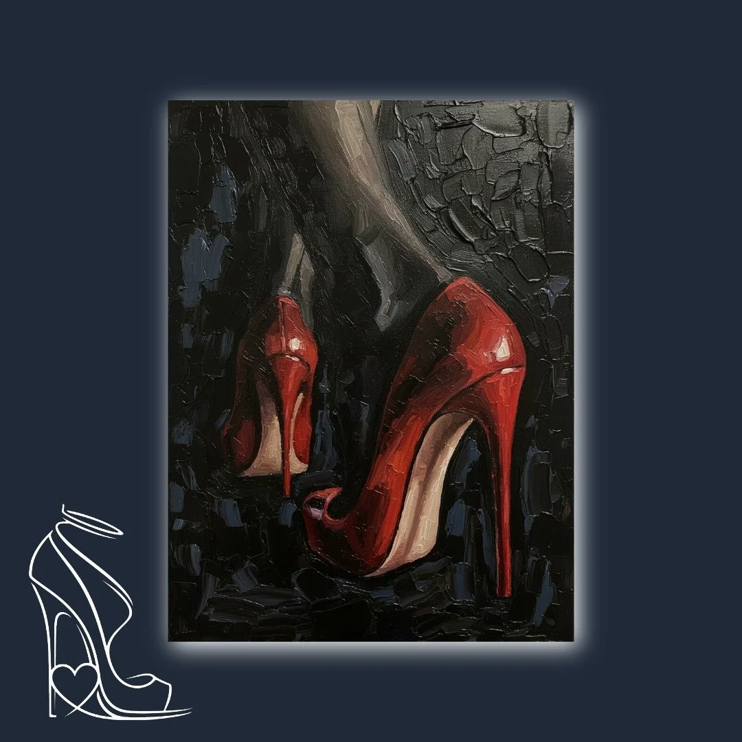 A striking impasto oil painting showcasing the vibrant allure of red stiletto high heels against a mysterious, textured dark background, embodying power and seduction.