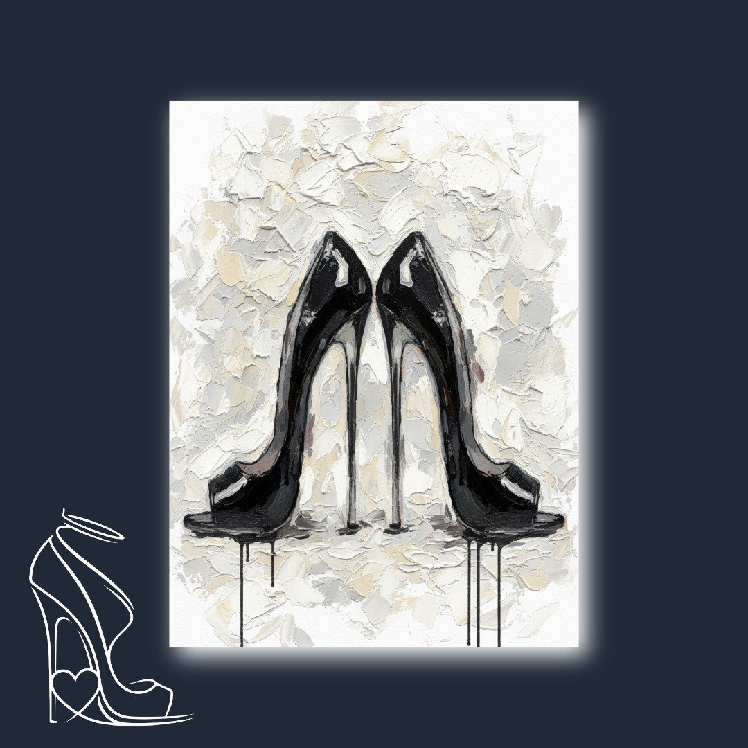 Stiletto Symphony: Black Patent Pumps on Impasto Texture
