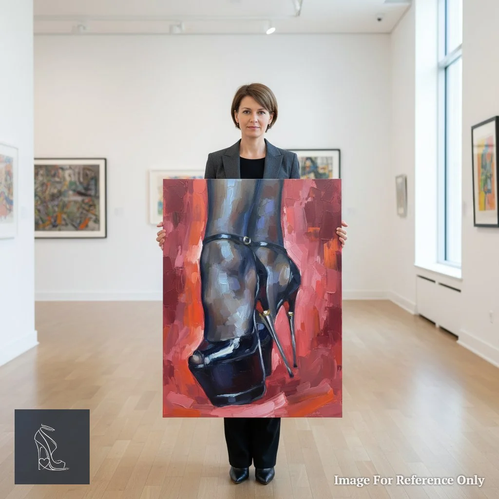 Artist Mark Lee holding his original oil painting, 'Crimson Ascent,' showcasing the powerful presence of the stiletto high heels and platform.