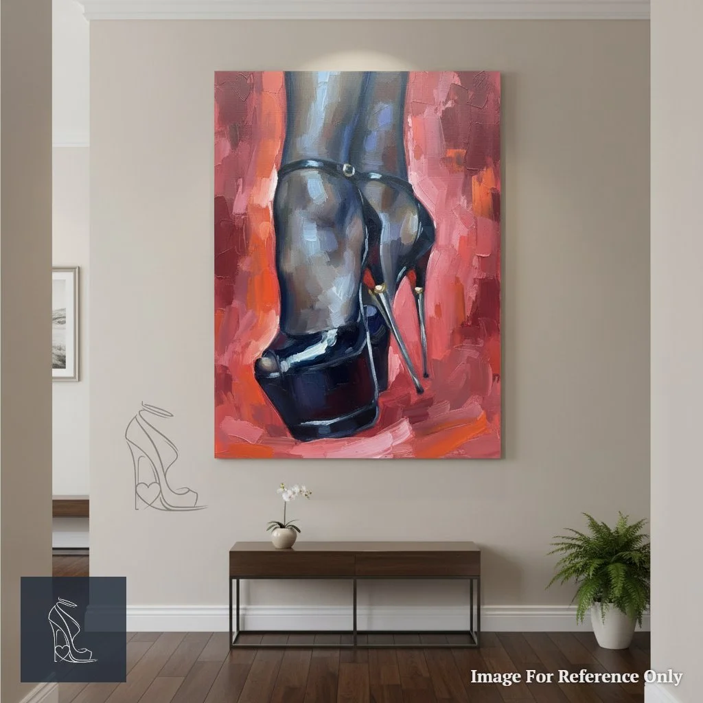 Mark Lee's 'Crimson Ascent: The Stiletto's Allure' artwork, a striking depiction of luxury designer heels, hanging prominently in a minimalist hallway.
