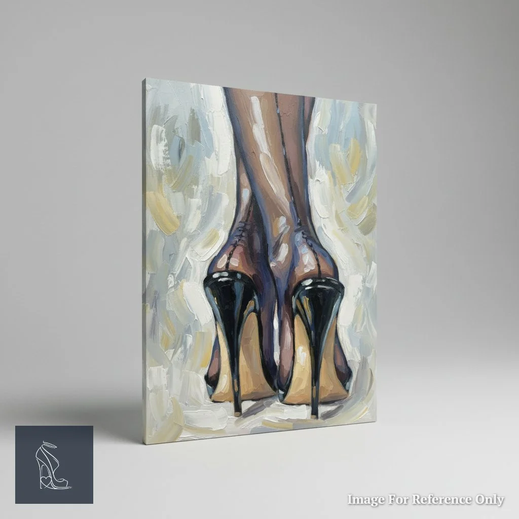 A three-dimensional perspective of the canvas, showing the depth of the palette knife strokes on the towering stiletto heels.