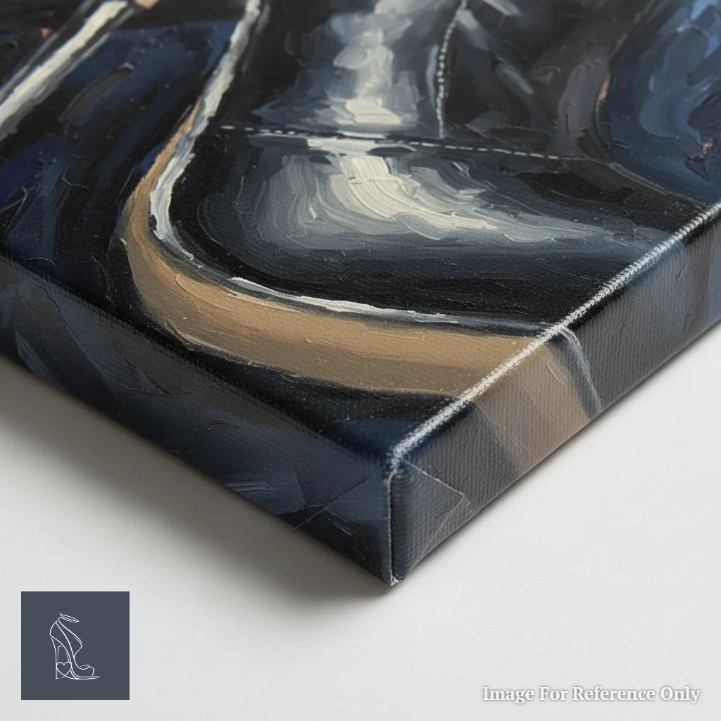 Close-up of the canvas corner of 'Sleek Supremacy,' revealing Mark Lee's signature and the detailed impasto texture of the black leather boot.