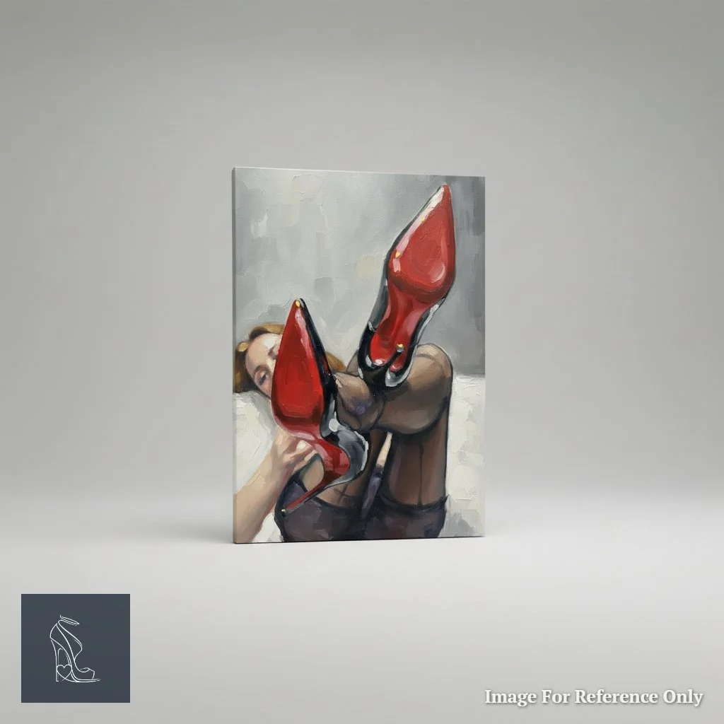 A high-resolution 3D rendering of the 'Crimson Soles, Velvet Dreams' oil painting on canvas, highlighting its gallery-wrapped edges and depth, viewed from a slight angle.