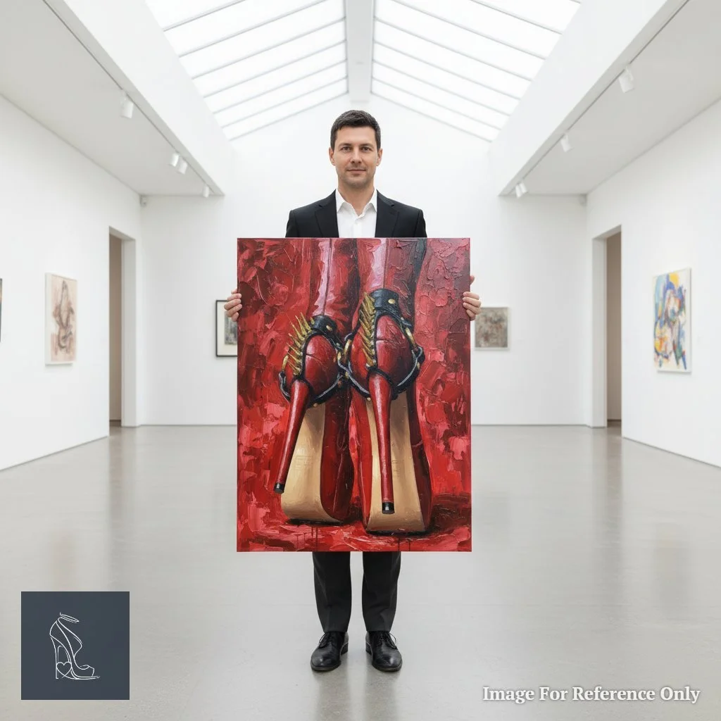 Artist Mark Lee proudly holding 'Crimson Dominion', showcasing the vibrant oil painting of aggressive stiletto high heels with gold spikes, revealing the scale and detail.