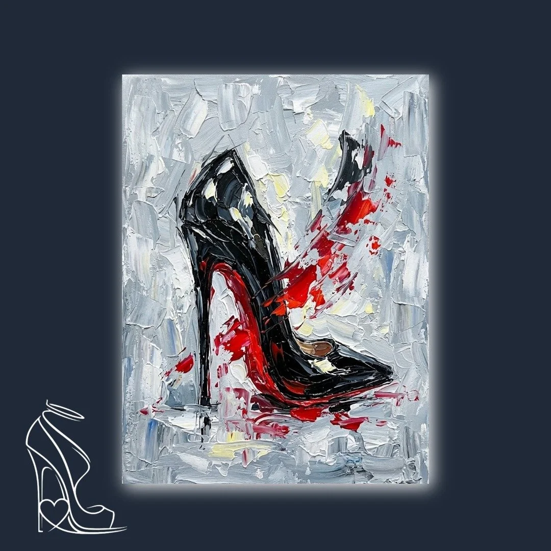 Digital impasto painting of a black stiletto heel with red sole, thick textured oil paint strokes on gray background.