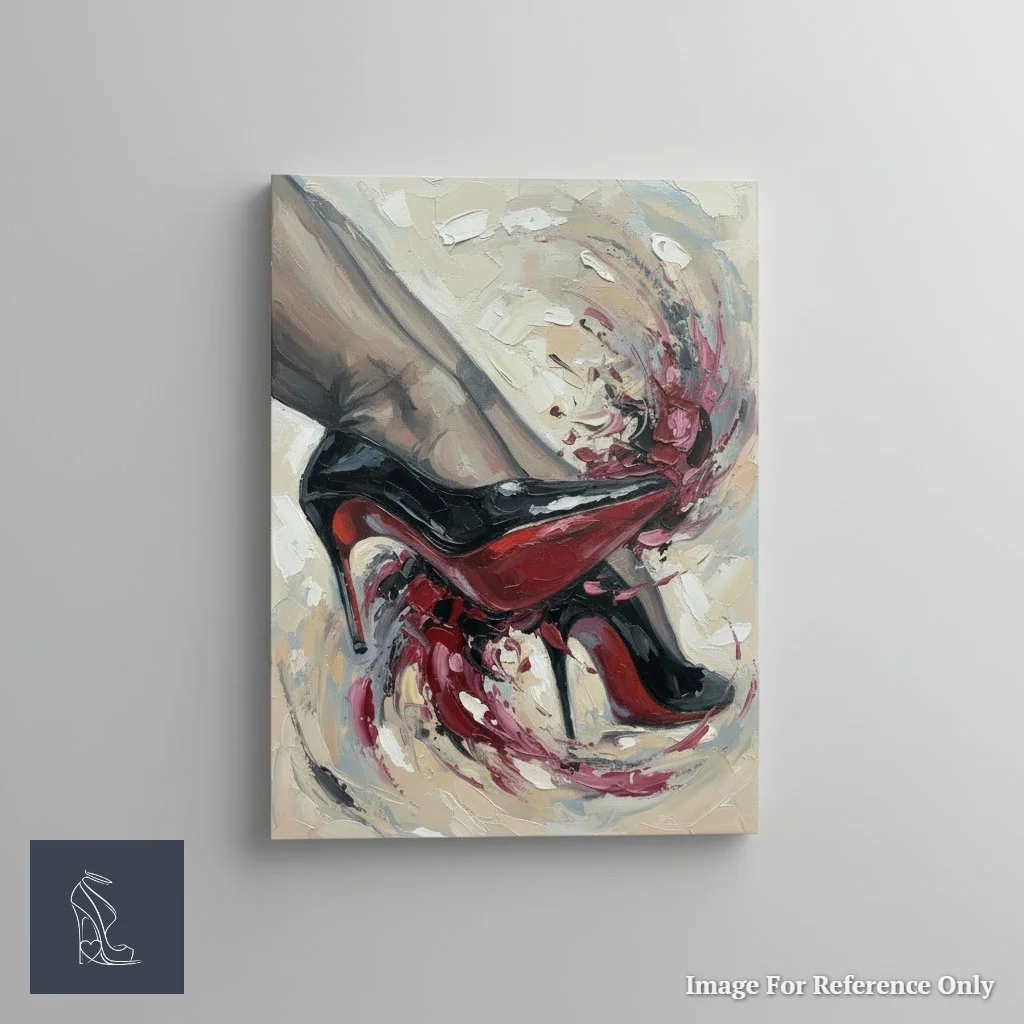 A three-quarter angle view of the stiletto artwork showing the depth of the heavy impasto paint and the sturdy canvas frame.