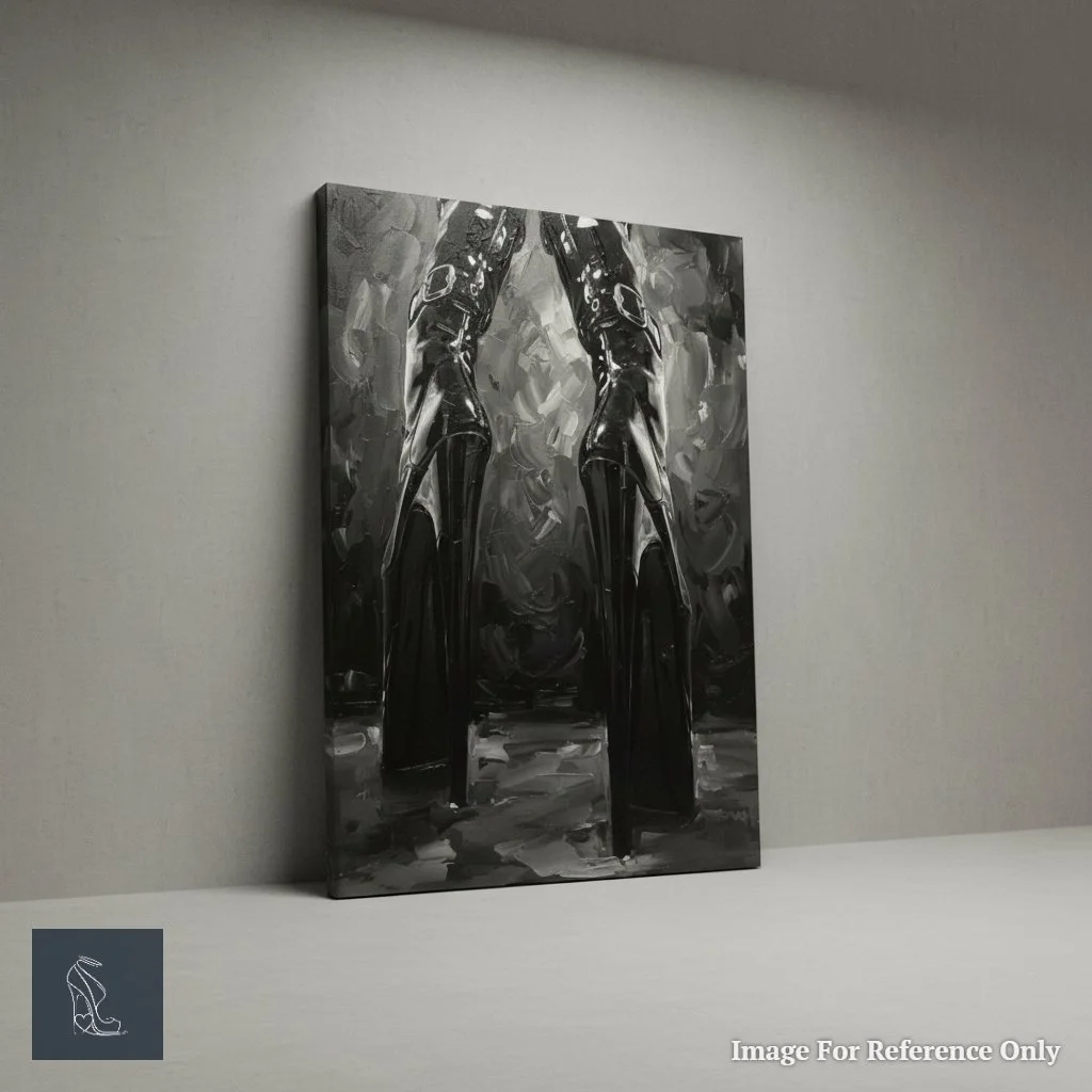 3D rendered view of 'Vertiginous Dominion' as a textured digital impasto canvas, showcasing the deep impasto and reflective sheen of the stiletto heels.