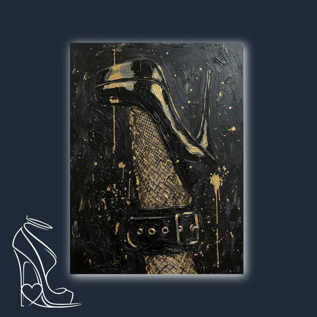 Dramatic Mark Lee artwork of a black stiletto high heel and fishnet leg with gold accents, hanging in a luxurious bedroom setting.