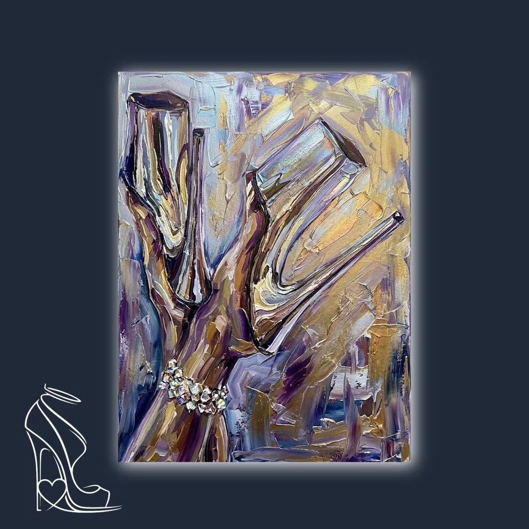 A heavy digital impasto study of the stiletto's architectural power, rendered in gold and violet for the ultimate silhouette worshiper.