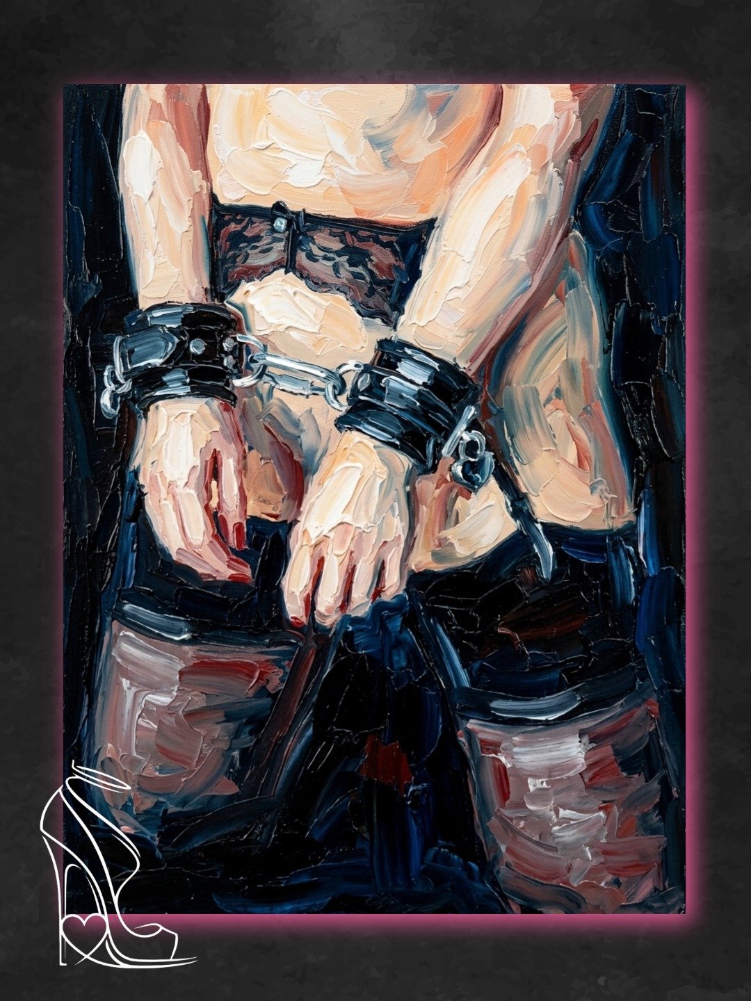 Oil impasto portrait of bound wrists in black leather cuffs, lace garter, and sheer stockings inspired by Taylor Blue.