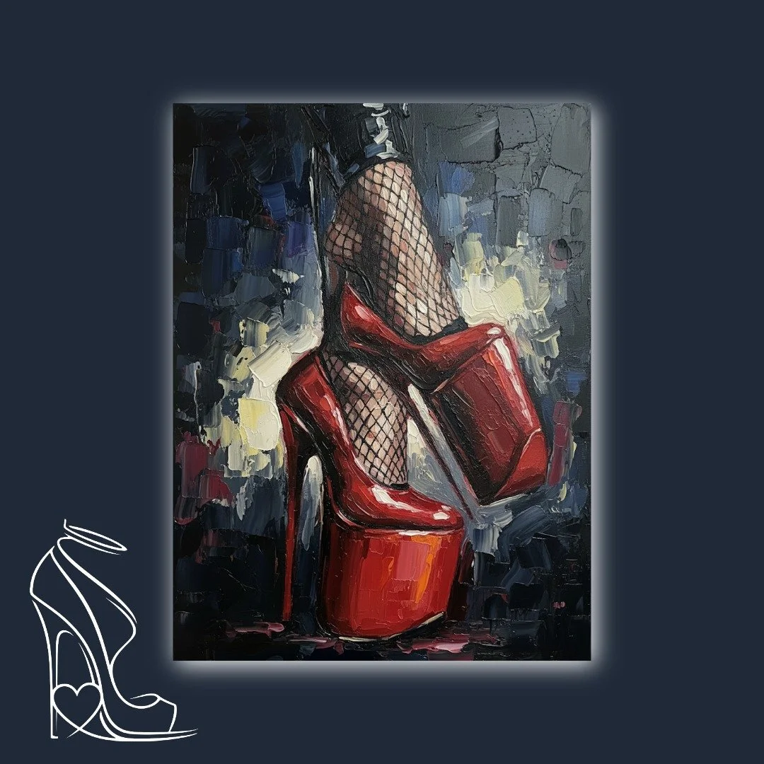 An oil painting capturing the striking allure of feet clad in vibrant red platform stilettos and sensual fishnet stockings, rendered with bold impasto strokes.